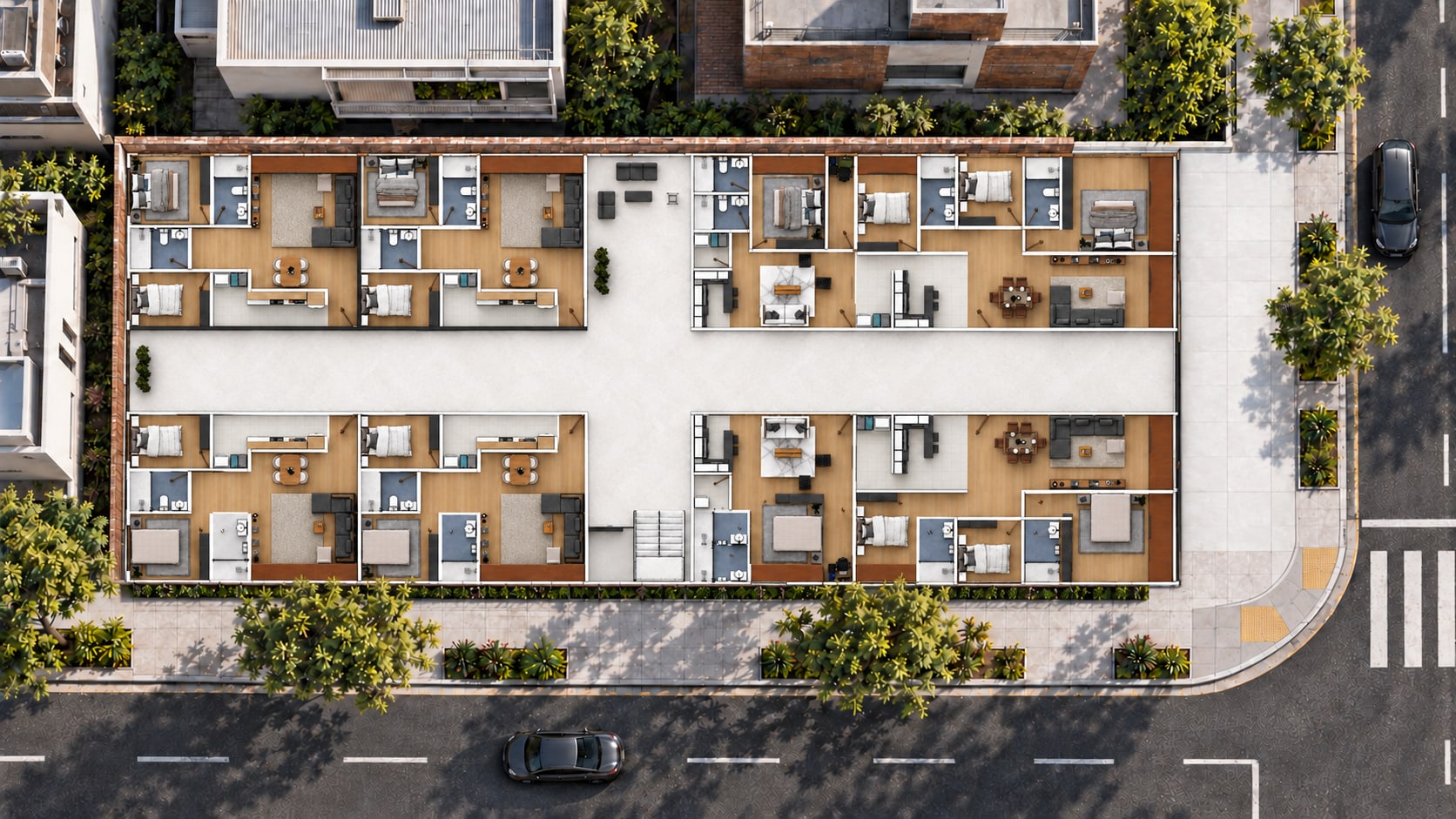 Planta cenital de los niveles 3 a 5 de Torre Jardín con ocho apartamentos